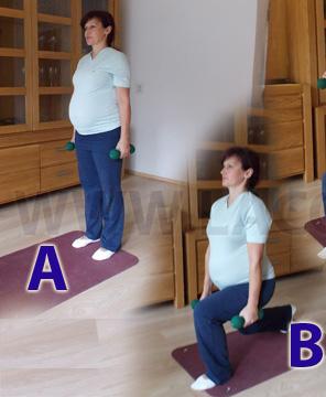 technika posilňovacích cvikov - Tehotenské cviky - výkrok dopredu s kladivovým bicepsovym zdvihom